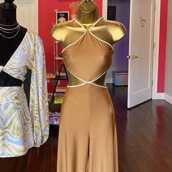 Luxxel Pants - Sexy Tan Jumpsuit wide palazzo, halter rope tie, cutouts, 70s Disco festival NWT
